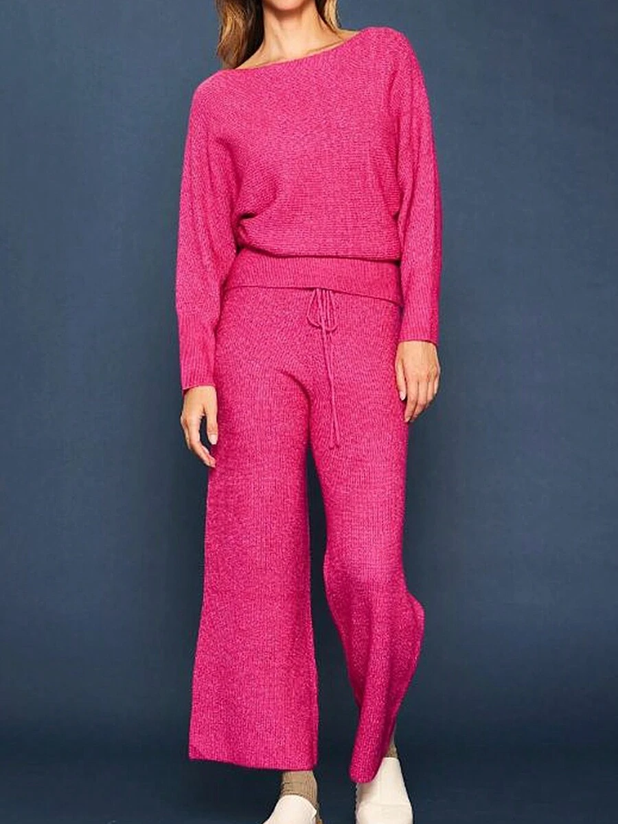 New Women's Solid Color Boat Neck Knitted Sweater And Pants Two Pieces Set - Pink - View 1