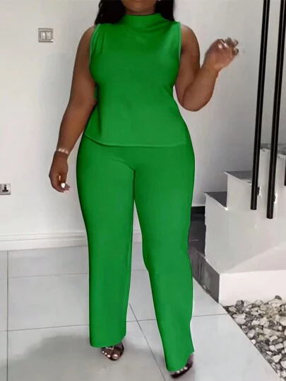Solid Color Plus Size Sleeveless Stand Collar Split Hem Top And Long Pants Casual Spring /Summer Set