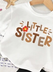 SHEIN 嬰兒女孩簡單字母印花短袖套裝，適合春夏季 - 彩色 - 查看 4