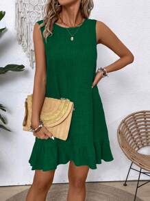 Breezaya Summer Solid Color Ruffle Hem Tank Dress With Round Neck Vacation Beach Outfits Women