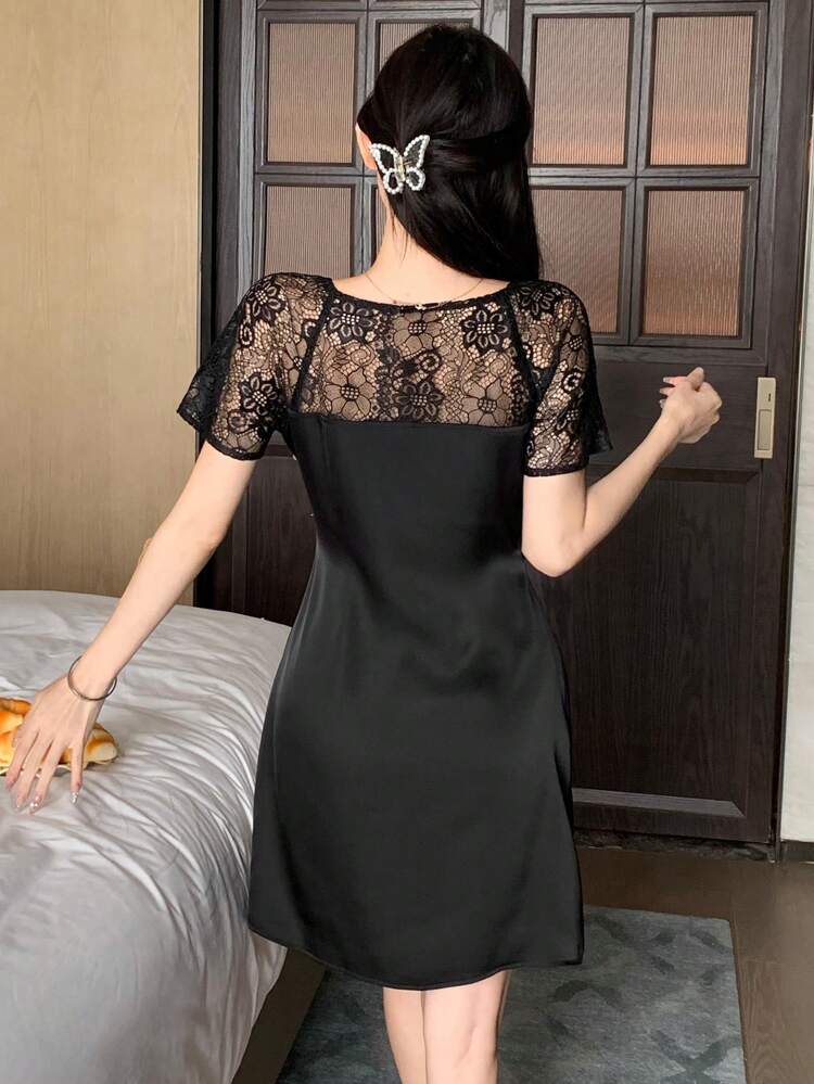 Women's Chinese Style Lace Insert Cap Sleeve Dress With Buckle Decor And High Slit Hem Pajama