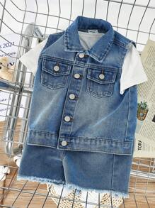 SHEIN Conjunto de 3 peças Colete de Denim sem Mangas, Camiseta sem Mangas com Gola Redonda, Shorts de Denim com Barra Desfiada e Perna Larga - Baby Azul - Ver 3