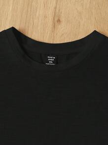 SHEIN EZwear Áo thun nữ cổ tròn cỡ lớn cổ tròn bằng vải cotton nguyên chất có viền chữ A và thiết kế khối màu - màu đen - Xem 3