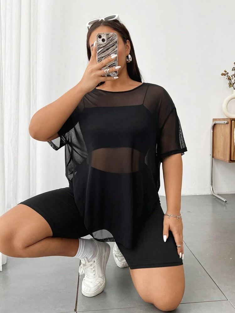 Sunspun Blusa de manga dolman con cuello redondo y transparencia de malla negra talla grande para mujer, verano - Negro - Añade 5