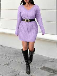 EURMUSE Rochie pulover de damă cu umăr căzut de mărime Plus - Roz praf - Vizualizare 4