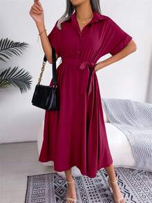 New Spring/Summer Casual Fit Leopard Print Button Down Shirt Dress With Belt, Short Sleeve - Burgundy - View 3