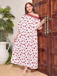 SHEIN 少女白底紅色印花寬腿度假裙配紅色編織腰帶，寬鬆不對稱領口 - 彩色 - 查看 4