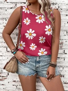 EMERY ROSE Top casual sin mangas veraniego con patrón floral de margaritas, camisola y top para mujeres de talla grande