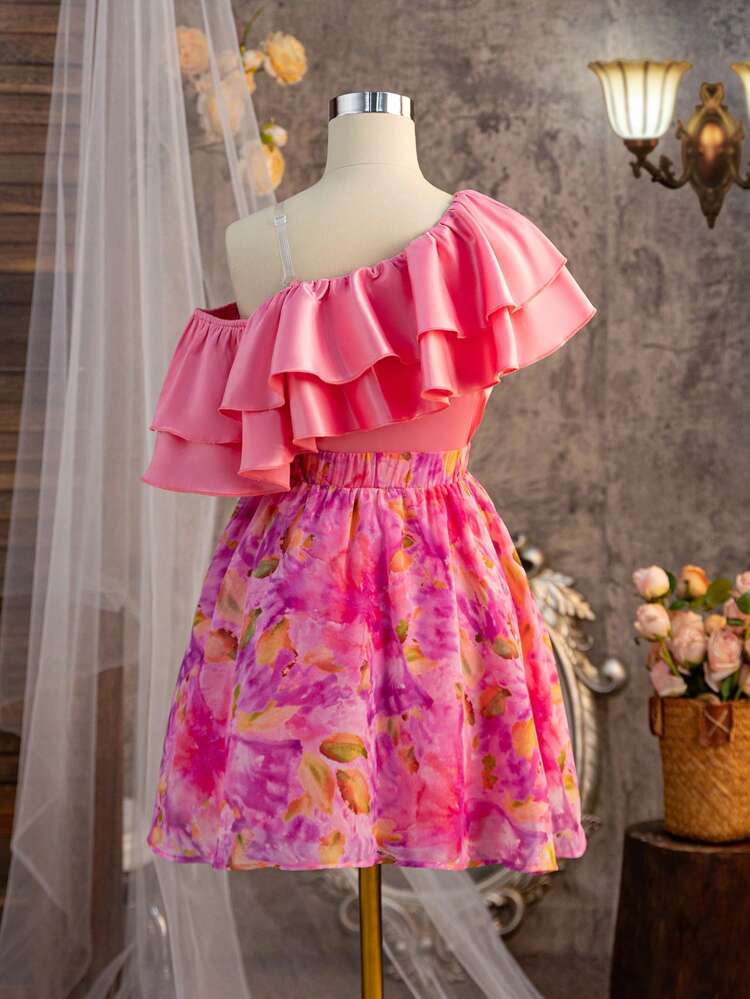 Tween Girl Fashionable Elegant One Shoulder Double Layered Ruffle Top And Flowy Printed Midi Skirt Set