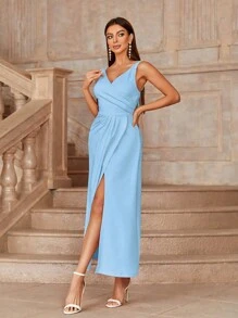 SHEIN Belle Váy dạ hội không tay bằng vải xếp màu trơn Áo choàng bóng trang trọng có xẻ cao cho mùa hè - Màu xanh lam - Xem 5