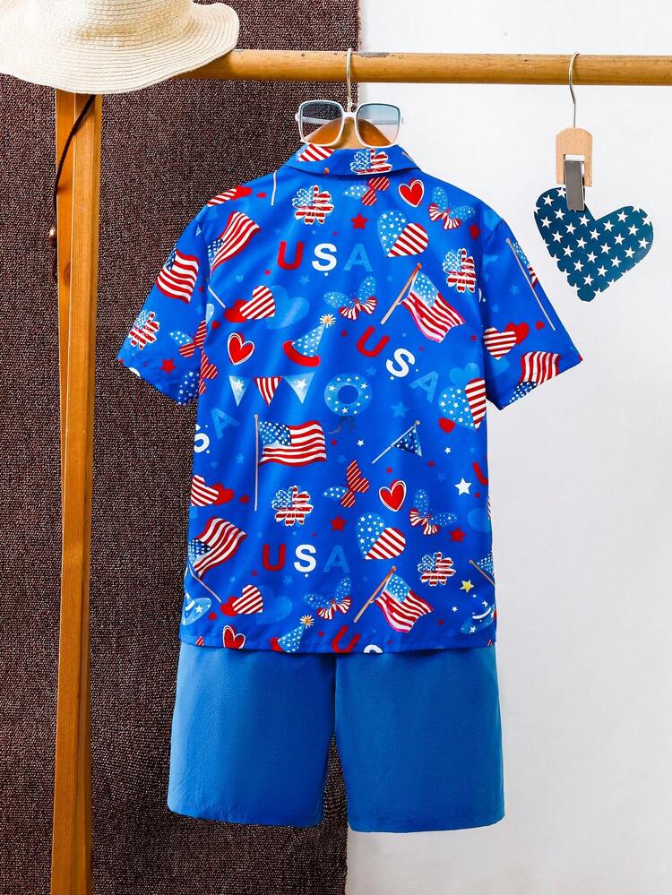 2pcs/Set Tween Boy Casual Independence Day Printed Shirt And Shorts Set, With Collar Clip
