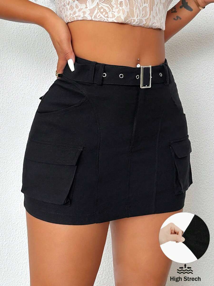 VaVaBold Ladies' Solid Color Belted Skirt With Pocket Design, Summer - Black - View 1