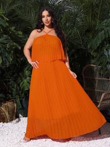 SHEIN SXY 褶皺編織深V露背上衣搭配寬腿長褲，流暢舒適，適合度假 - 橘色 - 查看 3