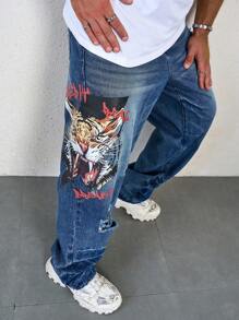 Manfinity LEGND Men's Plus Size Cartoon Printed Distressed Denim Wide Leg Jeans With Pockets - Dark Wash - View 4