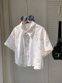 Comfortcana Camisa estampada de hombro caído con diseño integral para atuendo de verano
