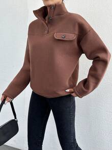 EURMUSE Women's Button Half-placket Drop Shoulder Sweatshirt - Brown - View 4