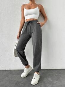 Cloudara Solid Color Drawstring Waist Jogger Pants - Dark Grey - View 4