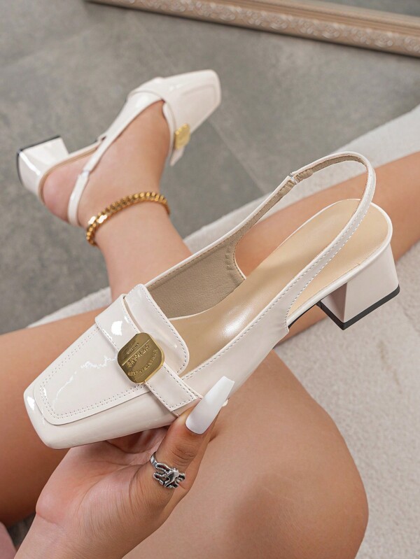 Retro French Solid Color Stylish Office Commute Thick Heel Metal Buckle Thick Heel Pumps, New Summer Date Home Open Toe High Heel Shoes For Women