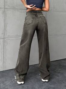 Cottnline High Waist Distressed Straight Jeans - Dark Grey - View 2