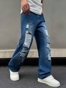 男士時尚直筒撕裂牛仔褲，街頭潮流必備款 - 中等水洗藍 - 查看 4