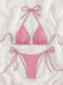 Swim Mod Women's Summer Beach Solid Color Halter Neck Tie Two-Piece Bikini Set