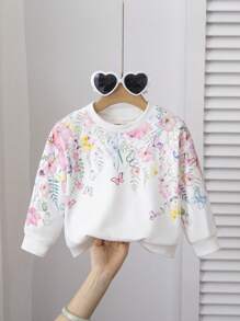 SHEIN Baby Girl Cute And Versatile Floral Print Round Neck Long Sleeve Sweatshirt, Autumn/Winter - White - View 1