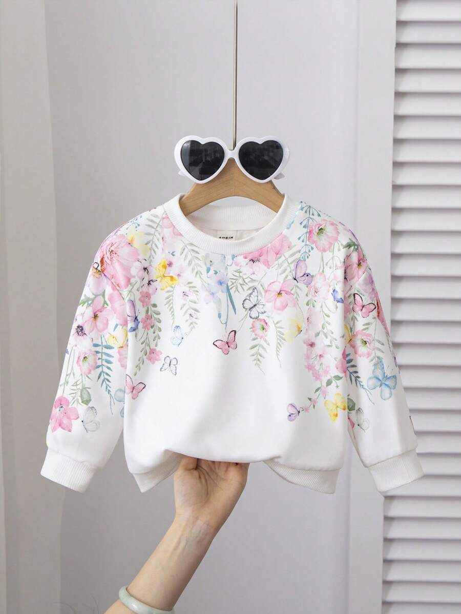 SHEIN Baby Girl Cute And Versatile Floral Print Round Neck Long Sleeve Sweatshirt, Autumn/Winter - White - View 1