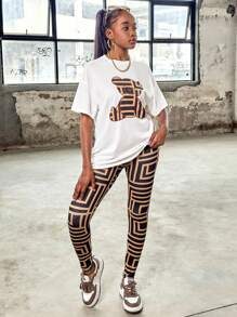 SHEIN Leap Crew Teen Girl White Khaki Bear Printed Geometric Casual T-Shirt And Leggings Casual 2pcs Set - White - View 6