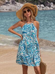 SHEIN VCAY Women's Vacation Woven Printed Dress - Blue and White - View 6