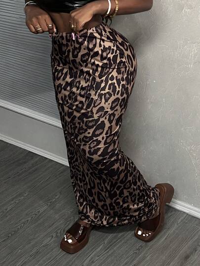 Slaydiva Elegante falda de sirena elástica tejida con estampado de leopardo para mujeres de vacaciones en la playa, estilo ajustado con banda de cintura elástica