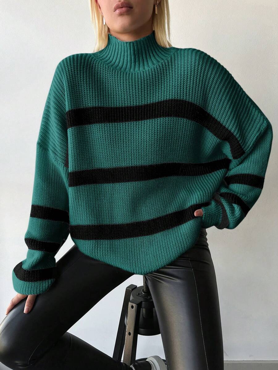 EURMUSE 條紋半高領落肩袖毛衣