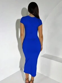INAWLY Solva Kvinnor sommar Plain Crew Neck Bodycon Elegant Klänning - Blå - Visa 4