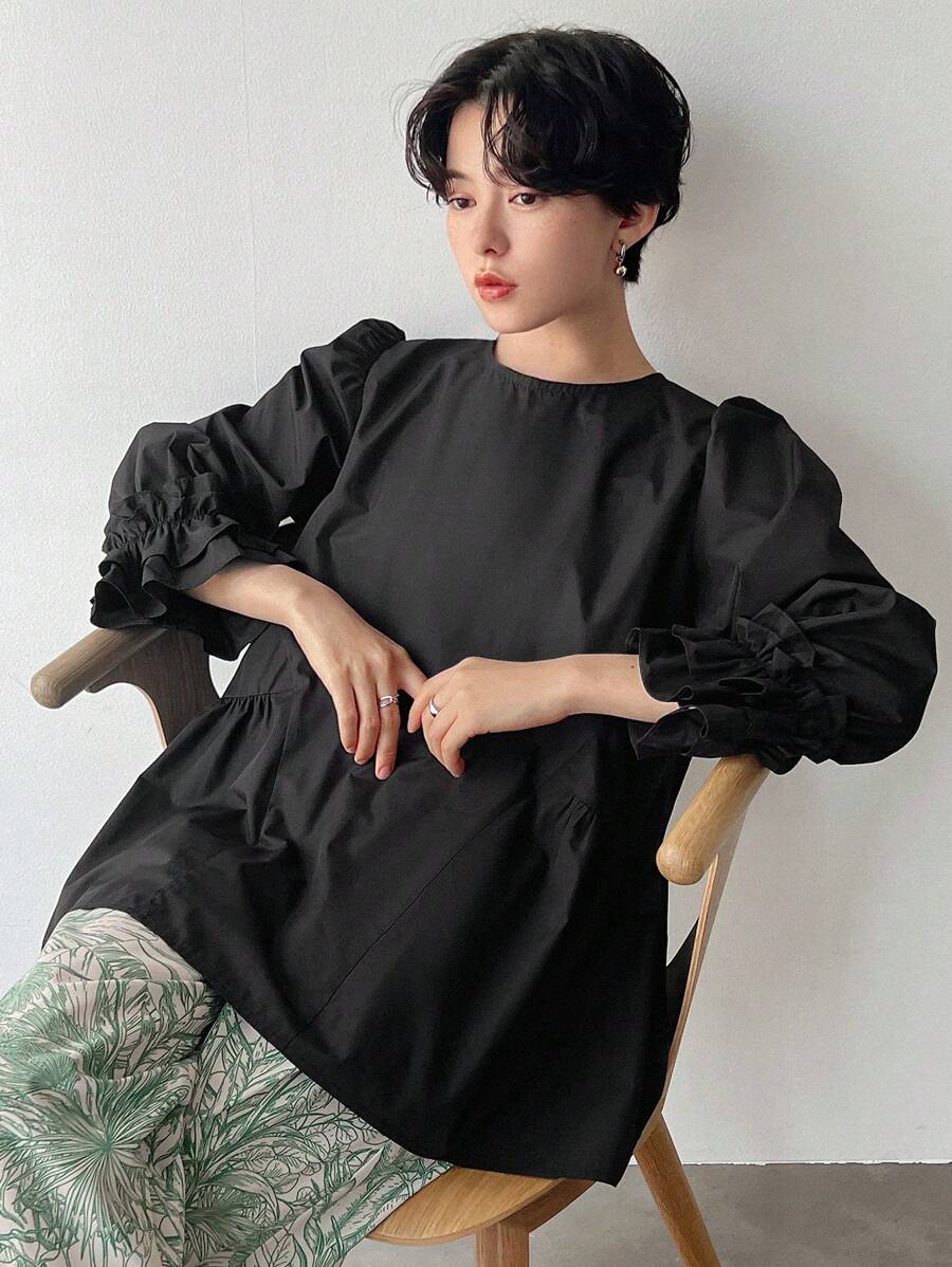 FRIFUL Áo cánh dài tay thường ngày màu trơn viền bèo nhún cho nữ, thường ngày - màu đen - Xem 1