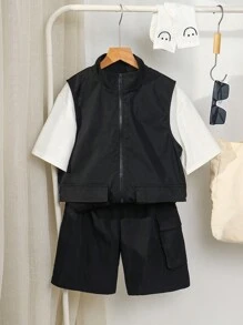 SHEIN 青少年男孩加大码 3 件套休闲纯色短袖 T 恤、立领拉链背心和工装短裤、针织面料和贴袋套装 - 彩色 - 查看 3