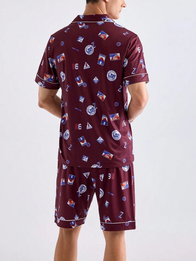 Men's Stamp Print Contrast Trim Short Sleeve Shirt And Shorts Homewear Set