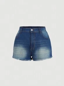 SHEIN MOD Plus Size Summer Fashion Star Rhinestone Frayed Hem Denim Shorts - Dark Wash - View 2
