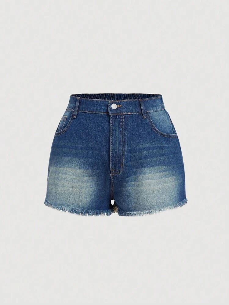 Plus Size Summer Fashion Star Rhinestone Frayed Hem Denim Shorts
