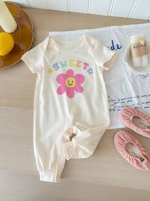 SHEIN ModeFlare Wear Baby Girl Summer Casual Floral Sweet Print Short-Sleeved Jumpsuit, Suitable For Spring And Summer