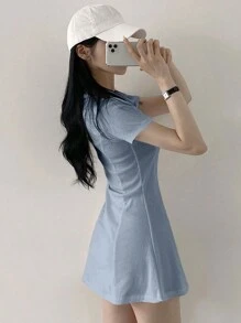 DAZY Vestido corto de verano para mujer de manga corta y unicolor con decoración de botón, vestidos casuales para mujer