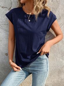 SHEIN LUNE Damska koszulka casual z okrągłym dekoltem i rękawami w kształcie skrzydła nietoperza, jednokolorowa, letnia - Granatowy - Zobacz 5