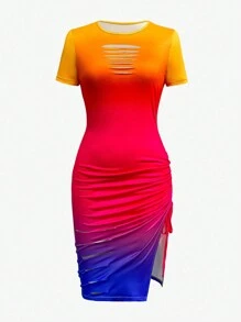 SHEIN Unity Women's Fashionable Gradient Color Short Sleeve Hollow Out Chest Side Slit Dress - Multicolor - View 1