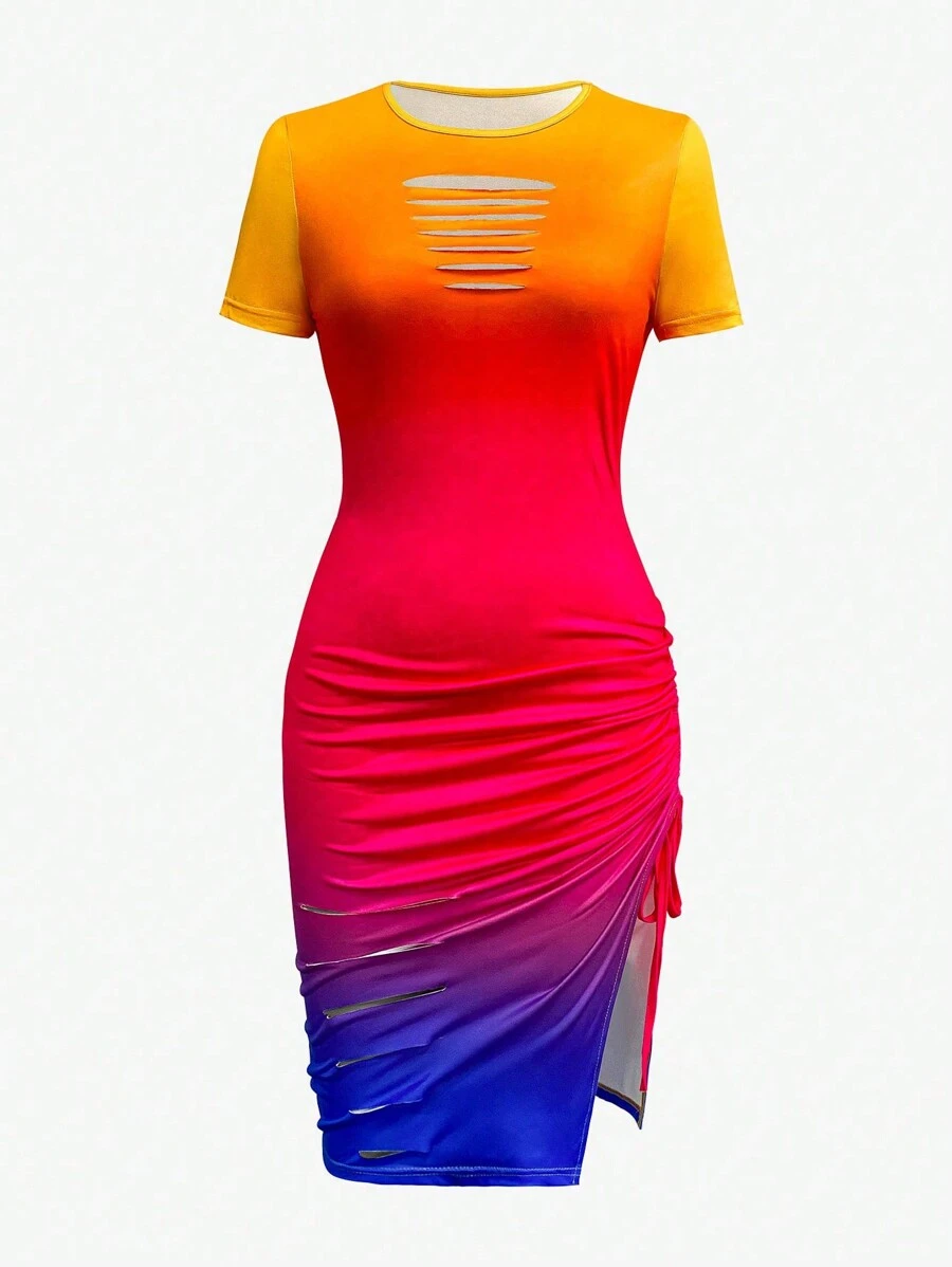 SHEIN Unity Women's Fashionable Gradient Color Short Sleeve Hollow Out Chest Side Slit Dress - Multicolor - View 1