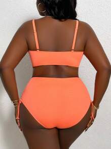 Conjunto de bikini de talla para mujer, de unicolor, con pliegues,, para la playa de verano - Naranja Quemada - Ver 2