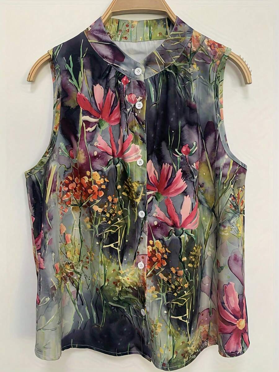 SHEIN LUNE Women's Random Print Sleeveless Button-Up Shirt - Multicolor - View 1