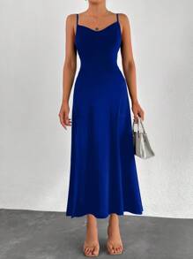 EURMUSE Draped Collar Split Thigh Cami Dress - Royal Blue - View 5