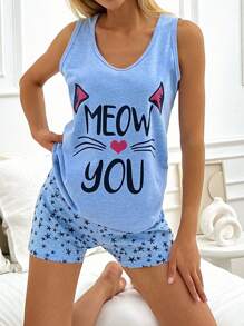 RueChic 2 pièces Ensemble de pyjama à domicile avec haut à bretelles avec imprimé slogan et short imprimé étoile - Bleu azur - Voir 4