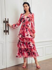 MOTF PREMIUM 全印花款燈籠袖分層荷葉邊裙裝 - 紅色 - 查看 7
