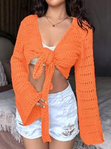 SHEIN Unity Ladies' Hollow Out Design Front Tie Cardigan - Burnt Orange - View 2