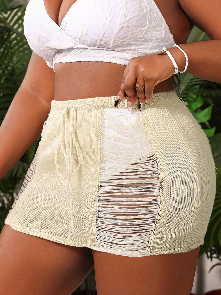SHEIN Swim Curve Summer Plus Size Hole Design Solid Color Mini Sarong Skirt For Beach Vacation - Apricot - View 1