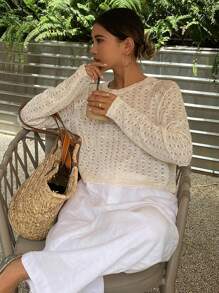 DAZY Áo thun nữ dài tay cổ tròn Jacquard rỗng - Màu be - Xem 9